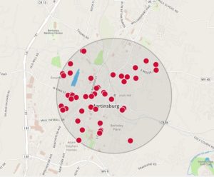A home search map with a 1-mile radius around the MARC commuter train station in Martinsburg, WV.