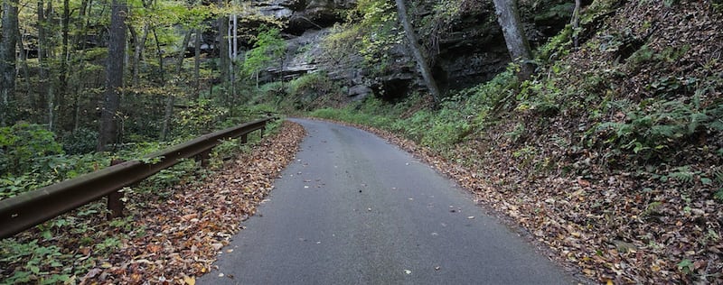 A narrow paved road nestled between a mountainside and a metal railing.