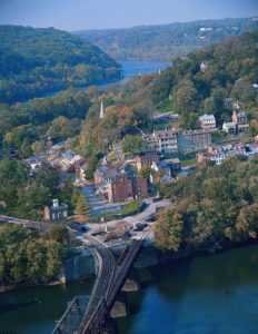 Aerial view of Harpers Ferry, WV village and railroad.