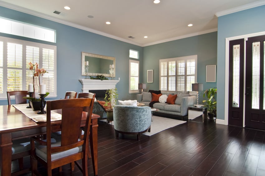 A stylish living room with blue walls and dark hardwood floors.